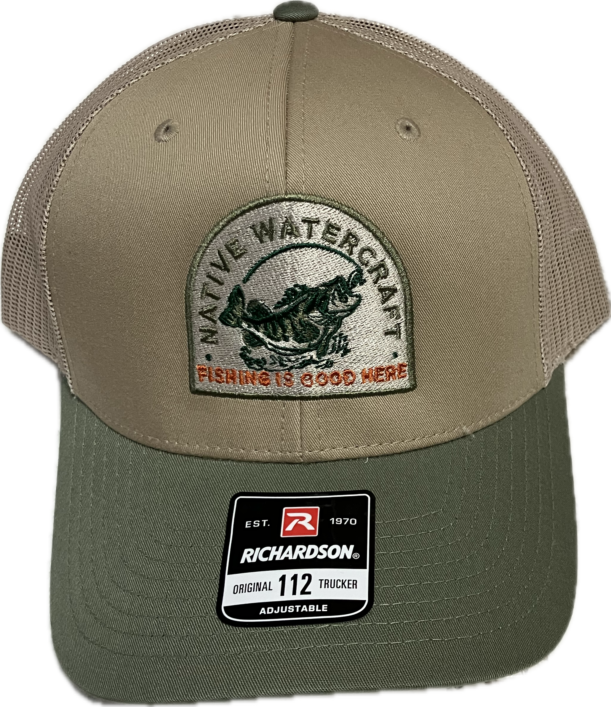 Native Watercraft Trucker Hat - Tan and Olive - Fishing is Good Here